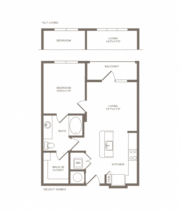 Floor plan for 1 bed, 1 bath, 776 sqft